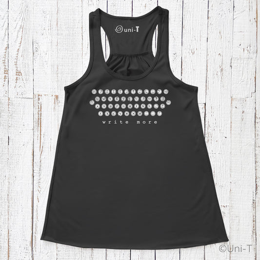 "Write More" tank top in black with vintage typewriter key design. Soft racerback style ideal for writers and creatives.