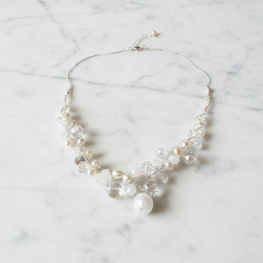 UNI-T-Delicate Crochet Statement Necklace, White and Silver Necklace- Janine Gerade