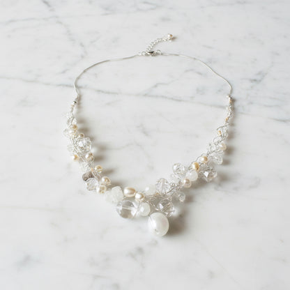 UNI-T-Delicate Crochet Statement Necklace, White and Silver Necklace- Janine Gerade