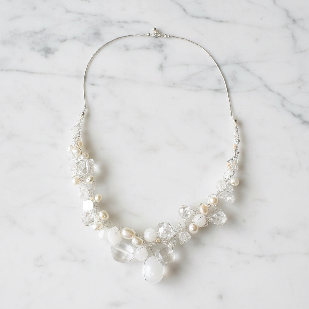UNI-T-Delicate Crochet Statement Necklace, White and Silver Necklace- Janine Gerade