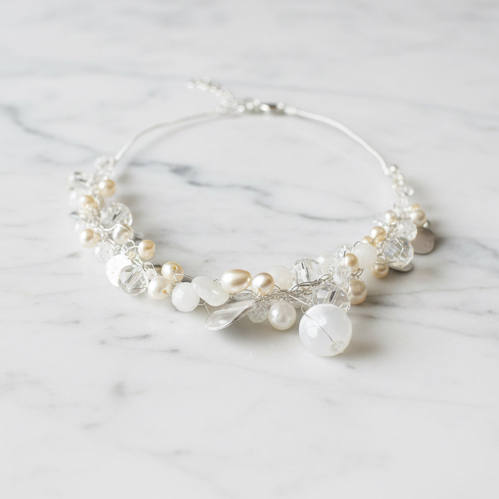 UNI-T-Delicate Crochet Statement Necklace, White and Silver Necklace- Janine Gerade