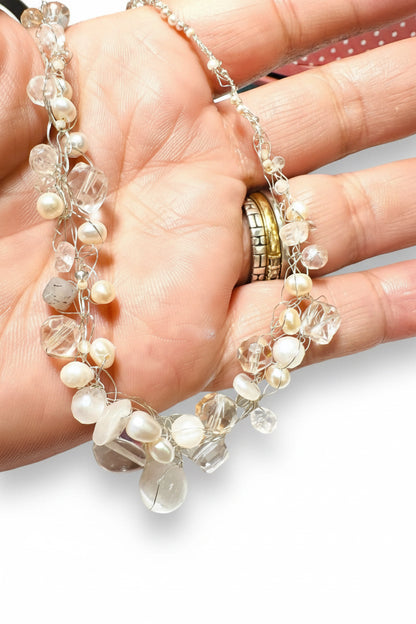 UNI-T-Delicate Crochet Statement Necklace, White and Silver Necklace- Janine Gerade