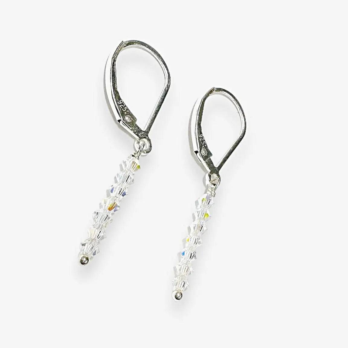 UNI-T Glitter Stixx Earrings featuring vertical gemstone sparkle bars on silver leverback hooks, perfect for stylish, everyday wear.