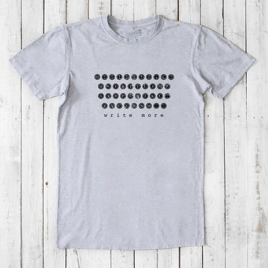 Men's bamboo & organic cotton graphic tee in heather gray with vintage typewriter keys and 'write more' text. Ideal gift for writers.