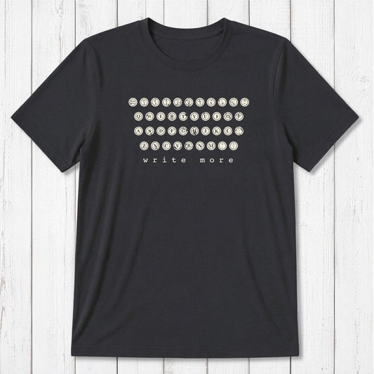 Black men's bamboo and organic cotton T-shirt with cream vintage typewriter keys and 'write more' text. Classic fit for writers.