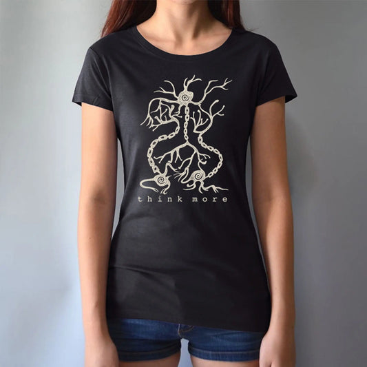 Women's Neuron T-Shirt in black bamboo & organic cotton with 'Think More' brain synapse graphic, ideal educational gift for science lovers.