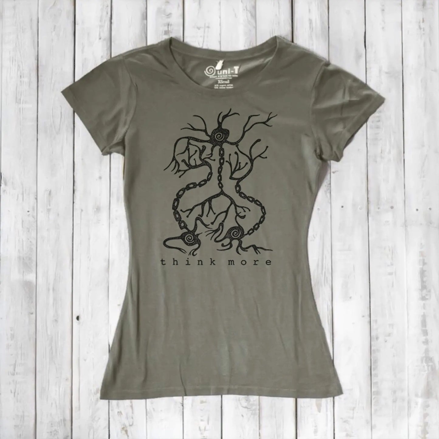 Khaki-green women's bamboo & organic cotton T-shirt featuring neuron and synapse 'Think More' design, perfect for teachers and science fans.