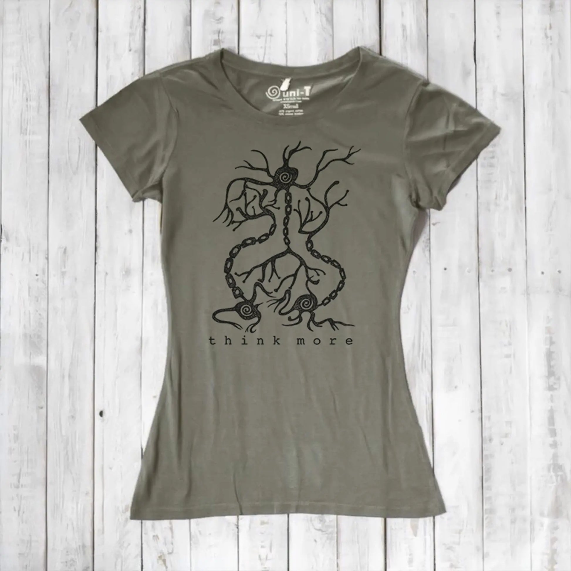 Khaki-green women's bamboo & organic cotton T-shirt featuring neuron and synapse 'Think More' design, perfect for teachers and science fans.