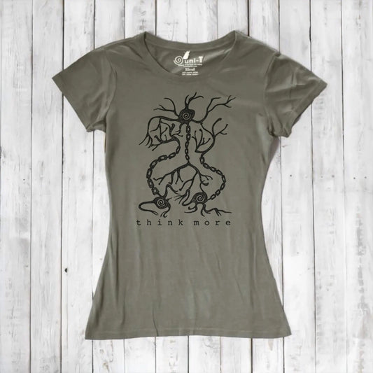 Khaki-green women's bamboo & organic cotton T-shirt featuring neuron and synapse 'Think More' design, perfect for teachers and science fans.