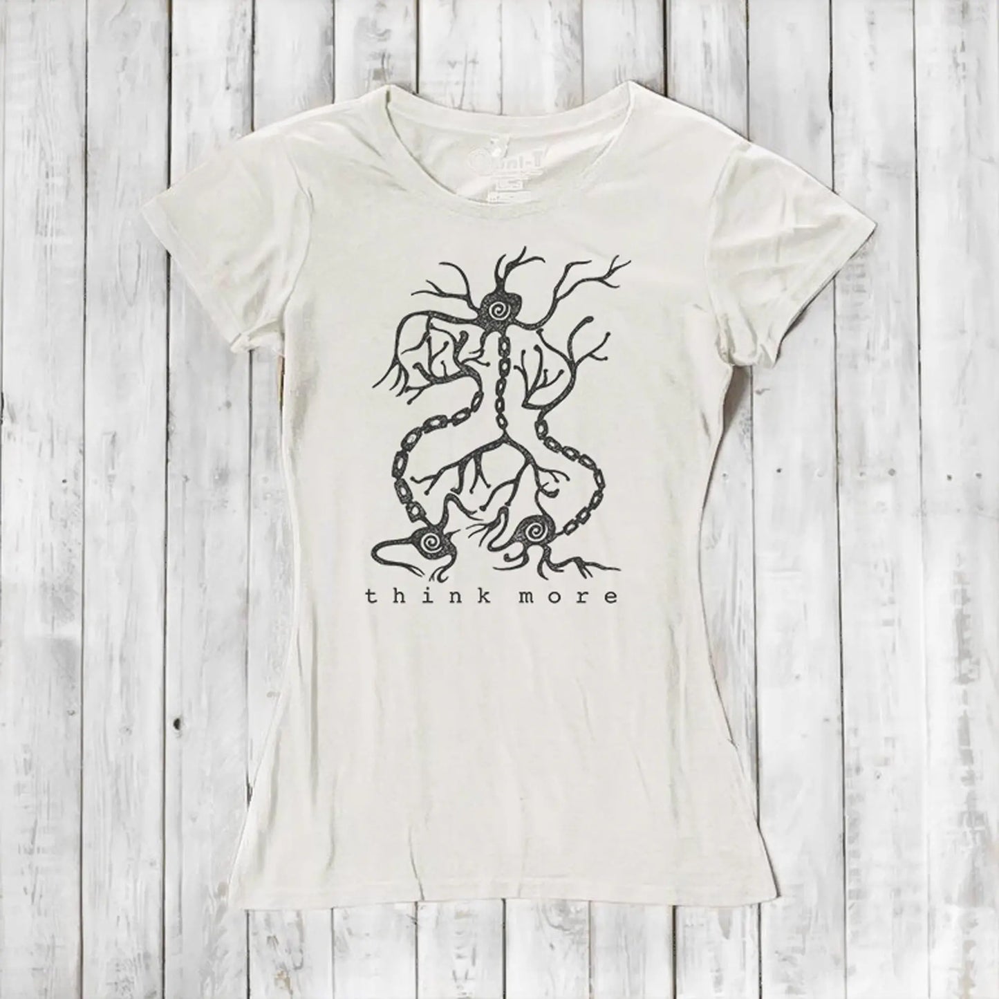 Ivory women's bamboo & organic cotton T-shirt with black neuron 'Think More' print, eco-friendly educational top for science enthusiasts.