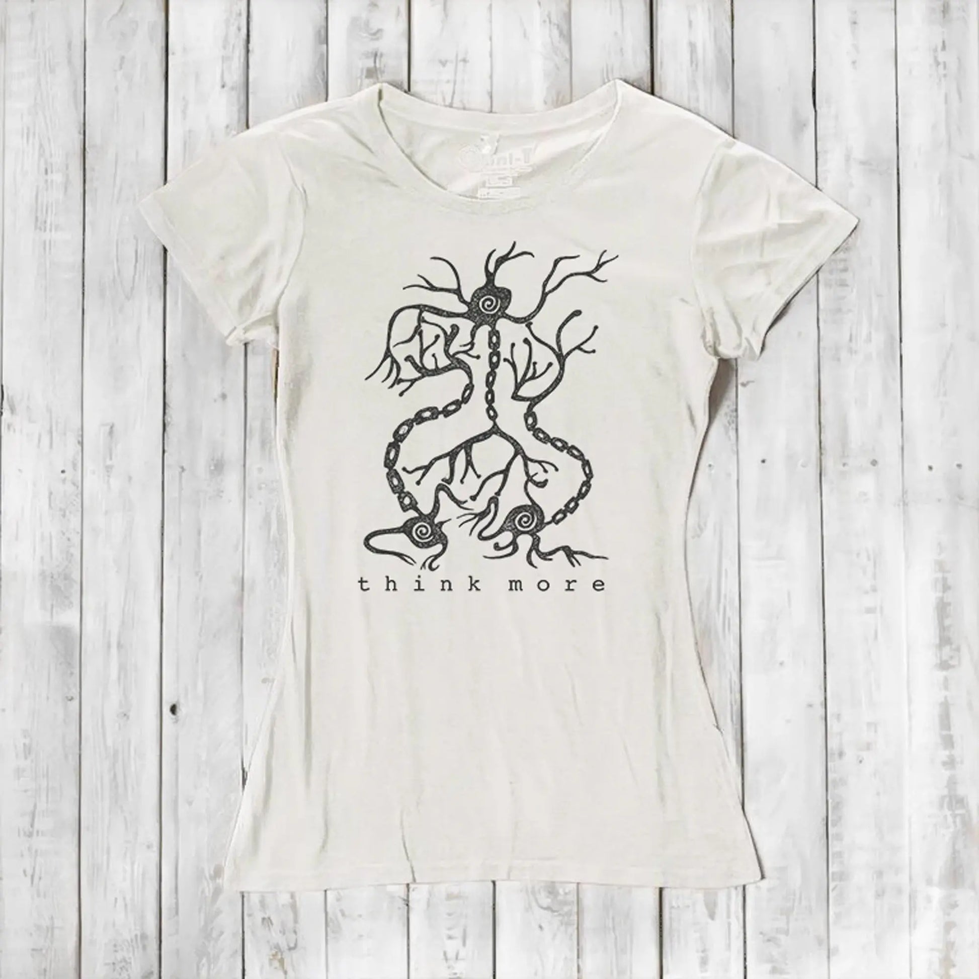 Ivory women's bamboo & organic cotton T-shirt with black neuron 'Think More' print, eco-friendly educational top for science enthusiasts.