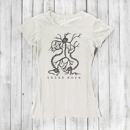Ivory women's bamboo & organic cotton T-shirt with black neuron 'Think More' print, eco-friendly educational top for science enthusiasts.