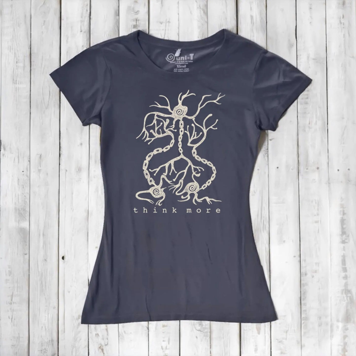 Navy women's bamboo & organic cotton T-shirt with white neuron 'Think More' graphic, stylish and sustainable science gift idea.