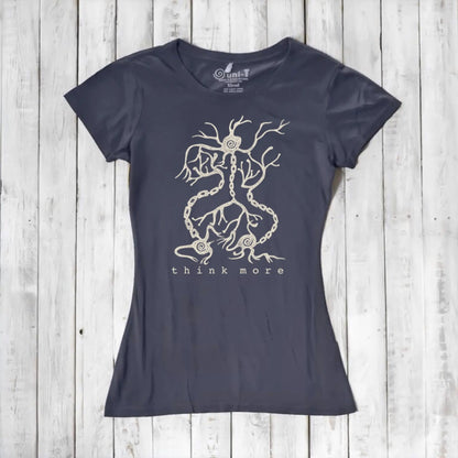 Navy women's bamboo & organic cotton T-shirt with white neuron 'Think More' graphic, stylish and sustainable science gift idea.