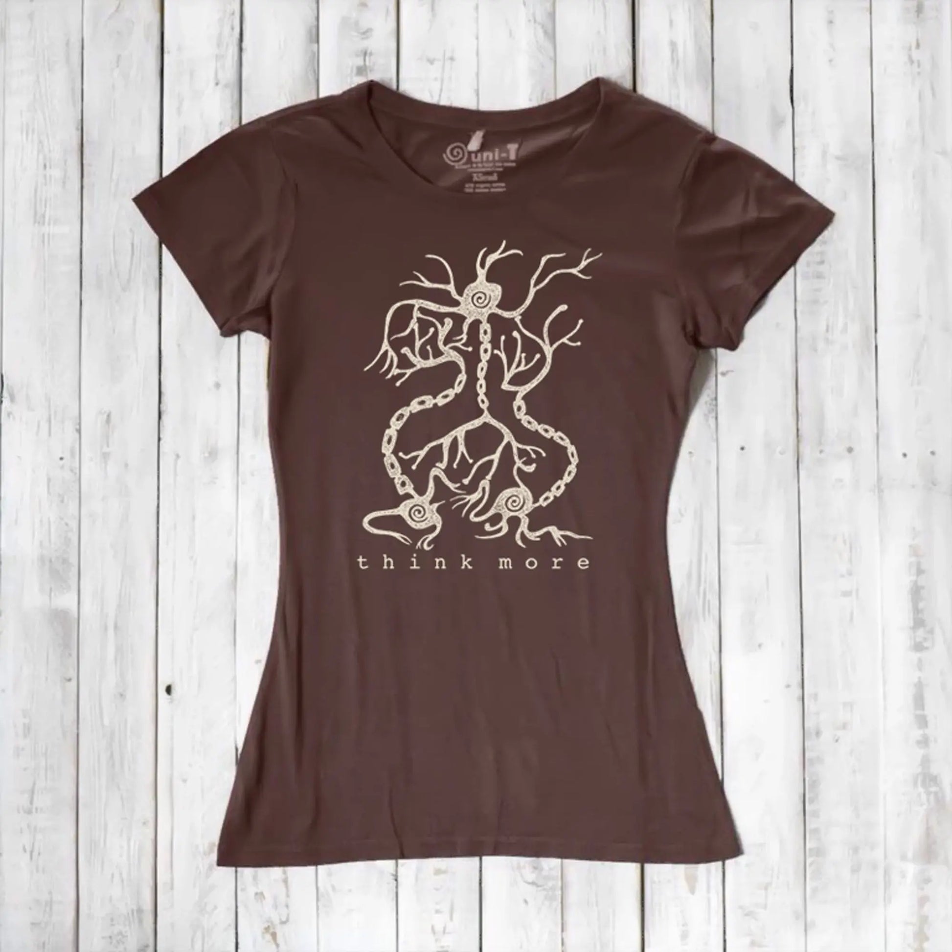 Dark brown women's neuron T-shirt in bamboo & organic cotton with 'Think More' brain synapse design, perfect for educators and STEM fans.