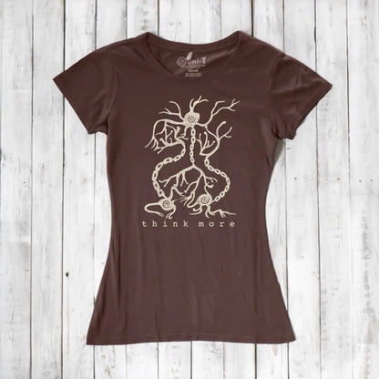 Dark brown women's neuron T-shirt in bamboo & organic cotton with 'Think More' brain synapse design, perfect for educators and STEM fans.