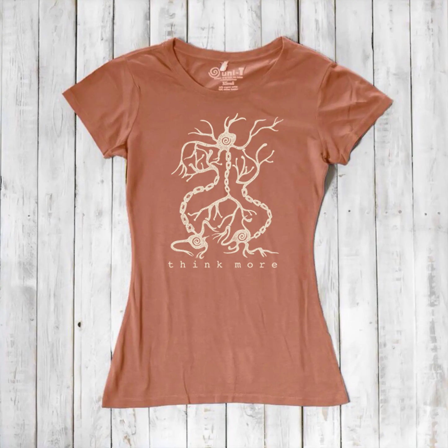 Terracotta women's bamboo & organic cotton T-shirt with white neuron 'Think More' graphic, great educational gift for science lovers.