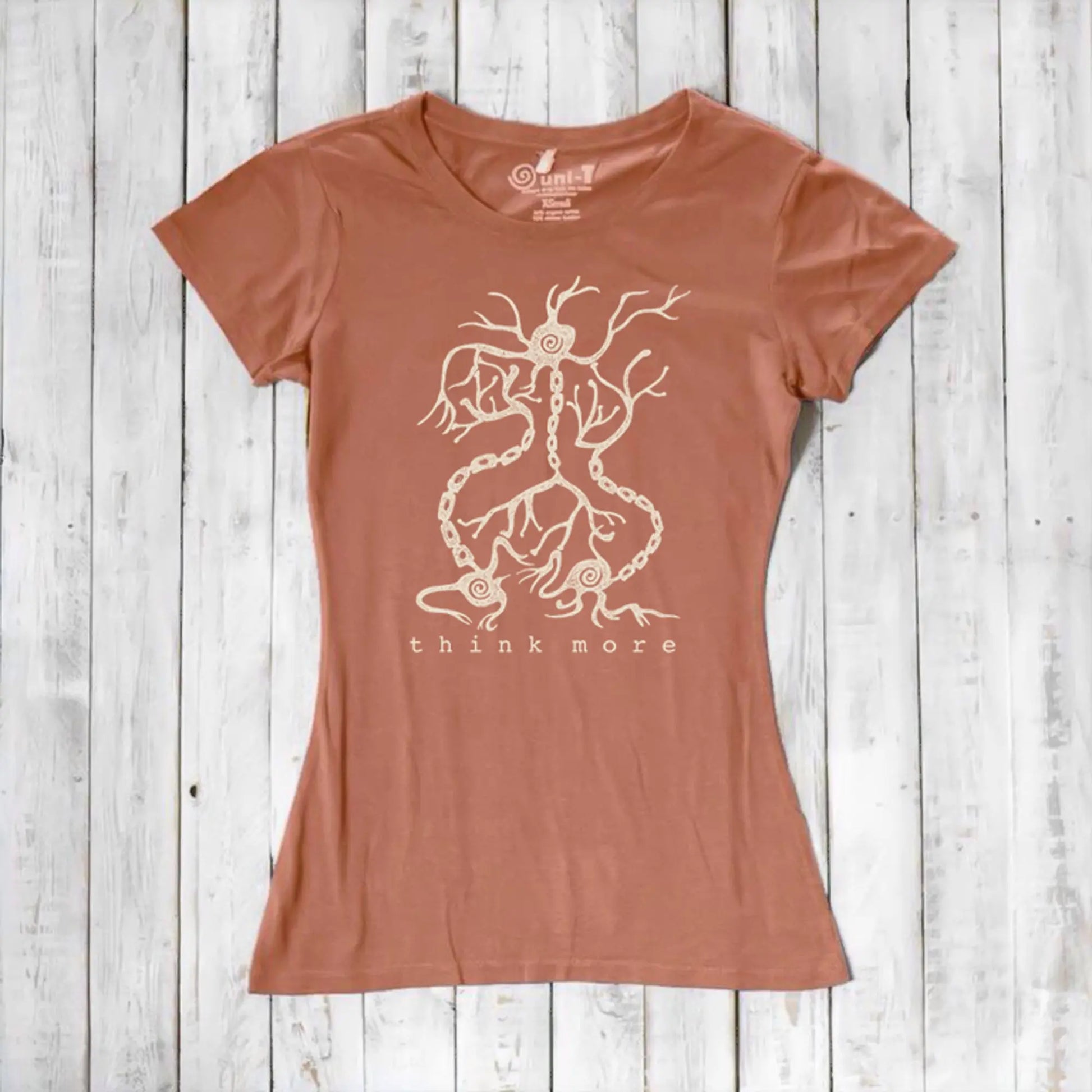 Terracotta women's bamboo & organic cotton T-shirt with white neuron 'Think More' graphic, great educational gift for science lovers.