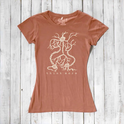 Terracotta women's bamboo & organic cotton T-shirt with white neuron 'Think More' graphic, great educational gift for science lovers.