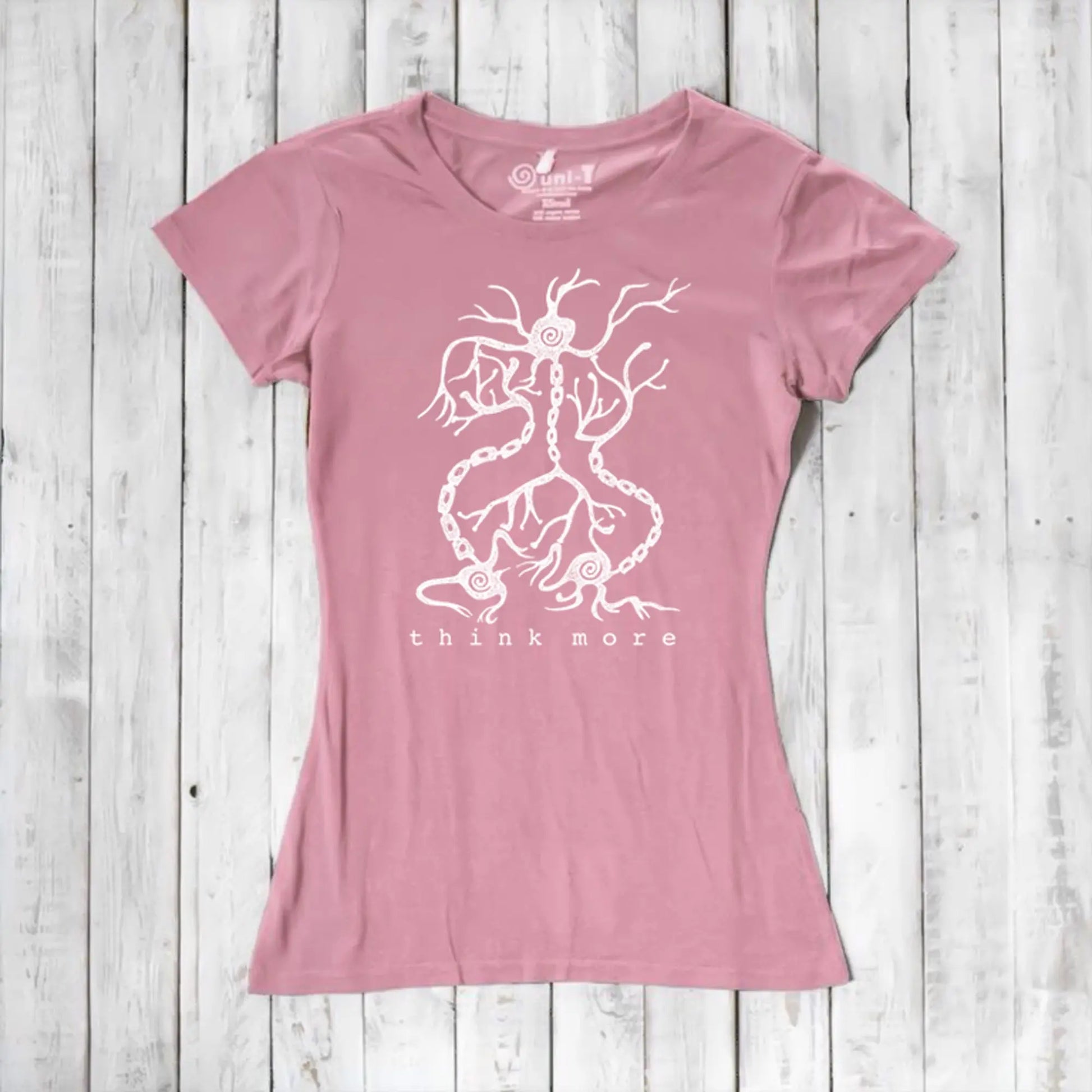 Rustic pink women's bamboo & organic cotton T-shirt with white neuron 'Think More' design, soft and sustainable science-inspired top.