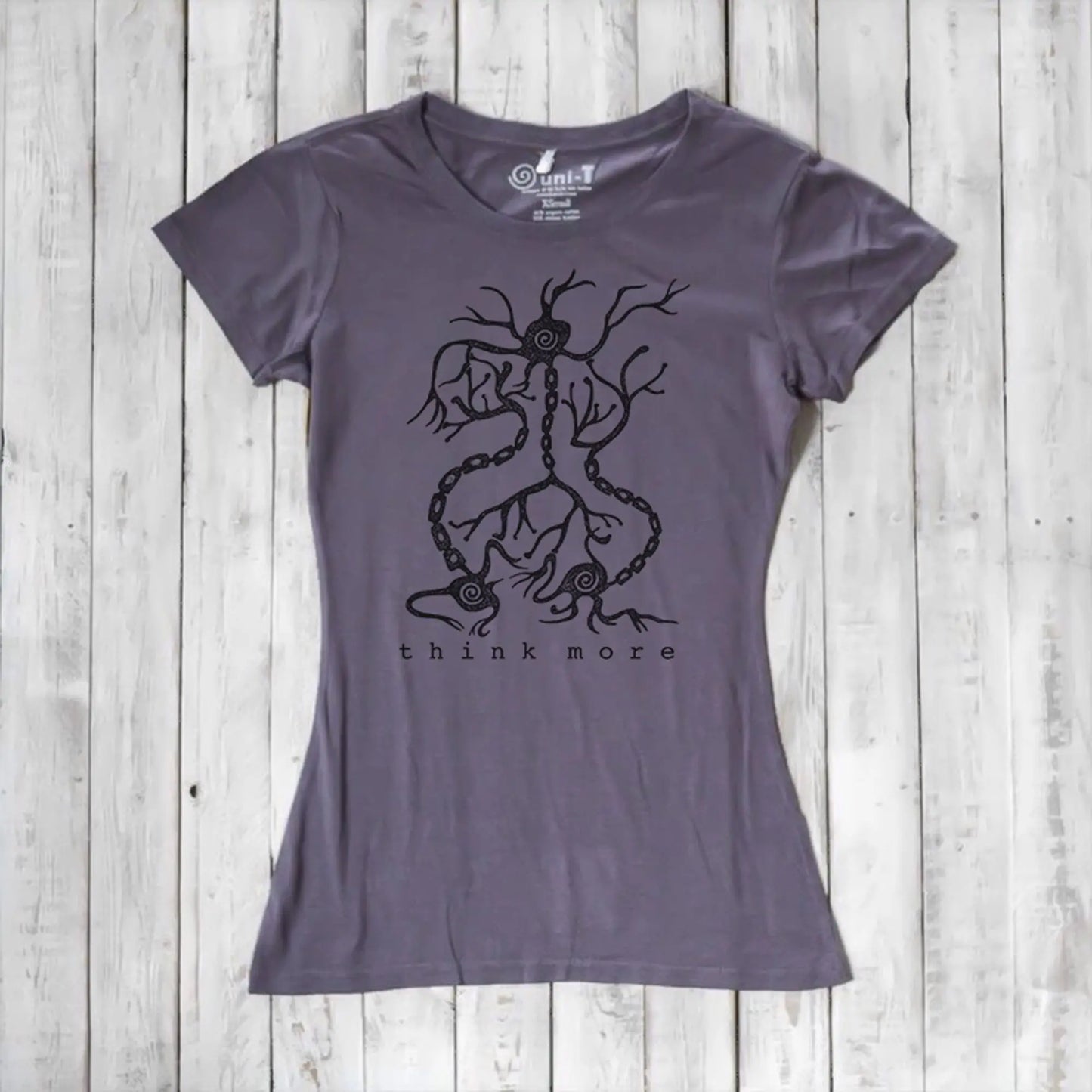 Dark purple women's bamboo & organic cotton T-shirt with black neuron 'Think More' print, educational and eco-friendly STEM apparel.