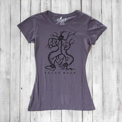 Dark purple women's bamboo & organic cotton T-shirt with black neuron 'Think More' print, educational and eco-friendly STEM apparel.