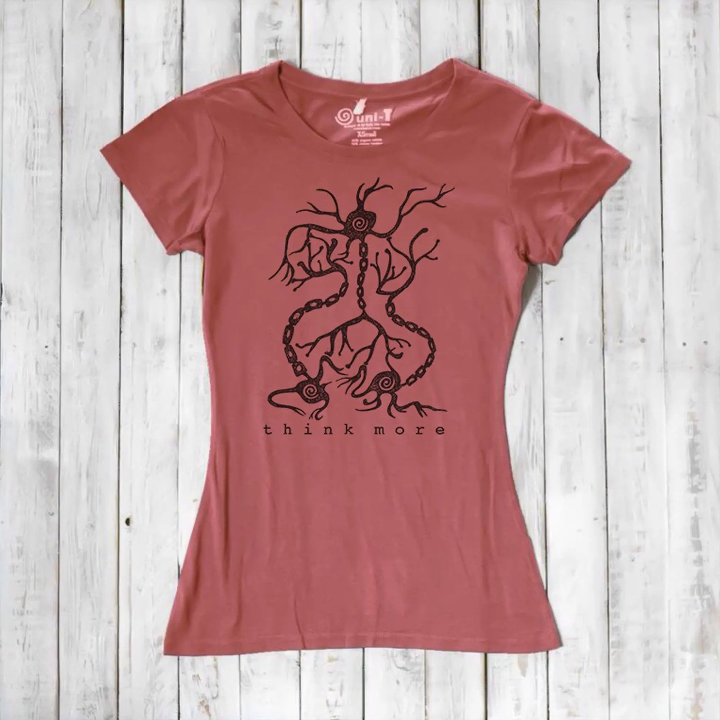 Red clay women's bamboo & organic cotton T-shirt with black neuron 'Think More' design, perfect science-themed gift for teachers.