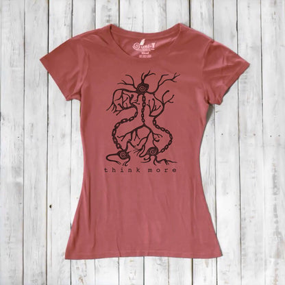 Red clay women's bamboo & organic cotton T-shirt with black neuron 'Think More' design, perfect science-themed gift for teachers.