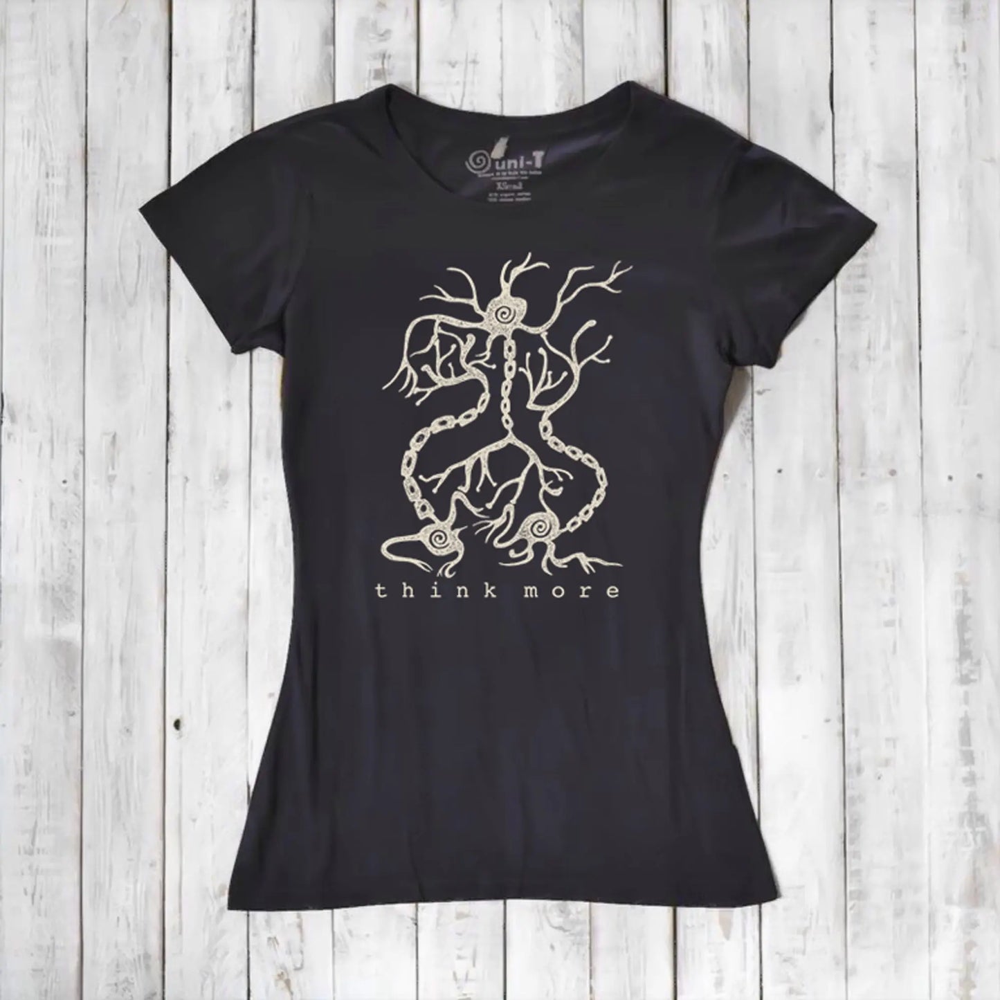 Classic black women's bamboo & organic cotton T-shirt with white neuron 'Think More' graphic, sustainable and educational fashion piece.