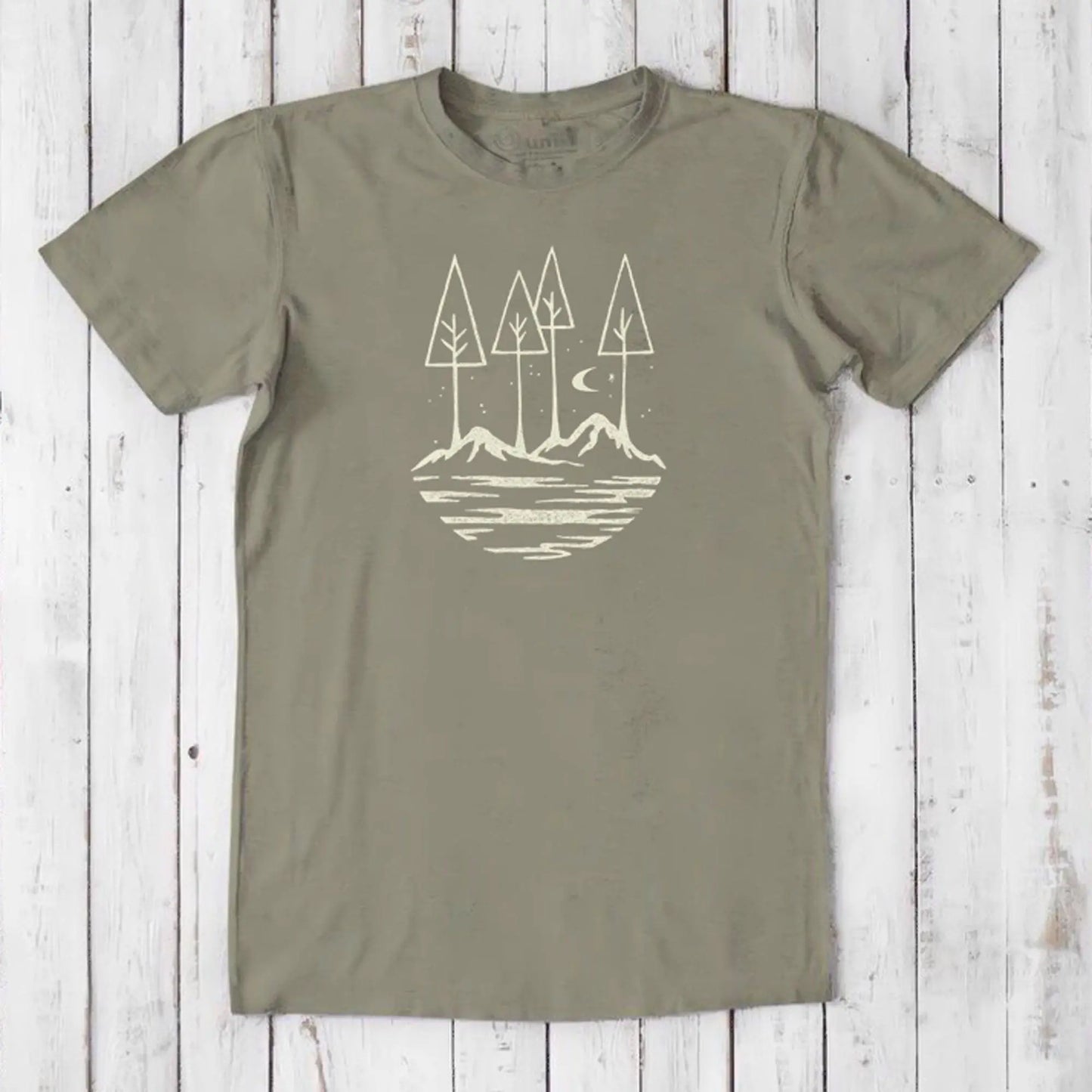 Olive green Men's Nature T-Shirt in Bamboo & Organic Cotton featuring 'All the Good Things in Life' forest and mountain design.