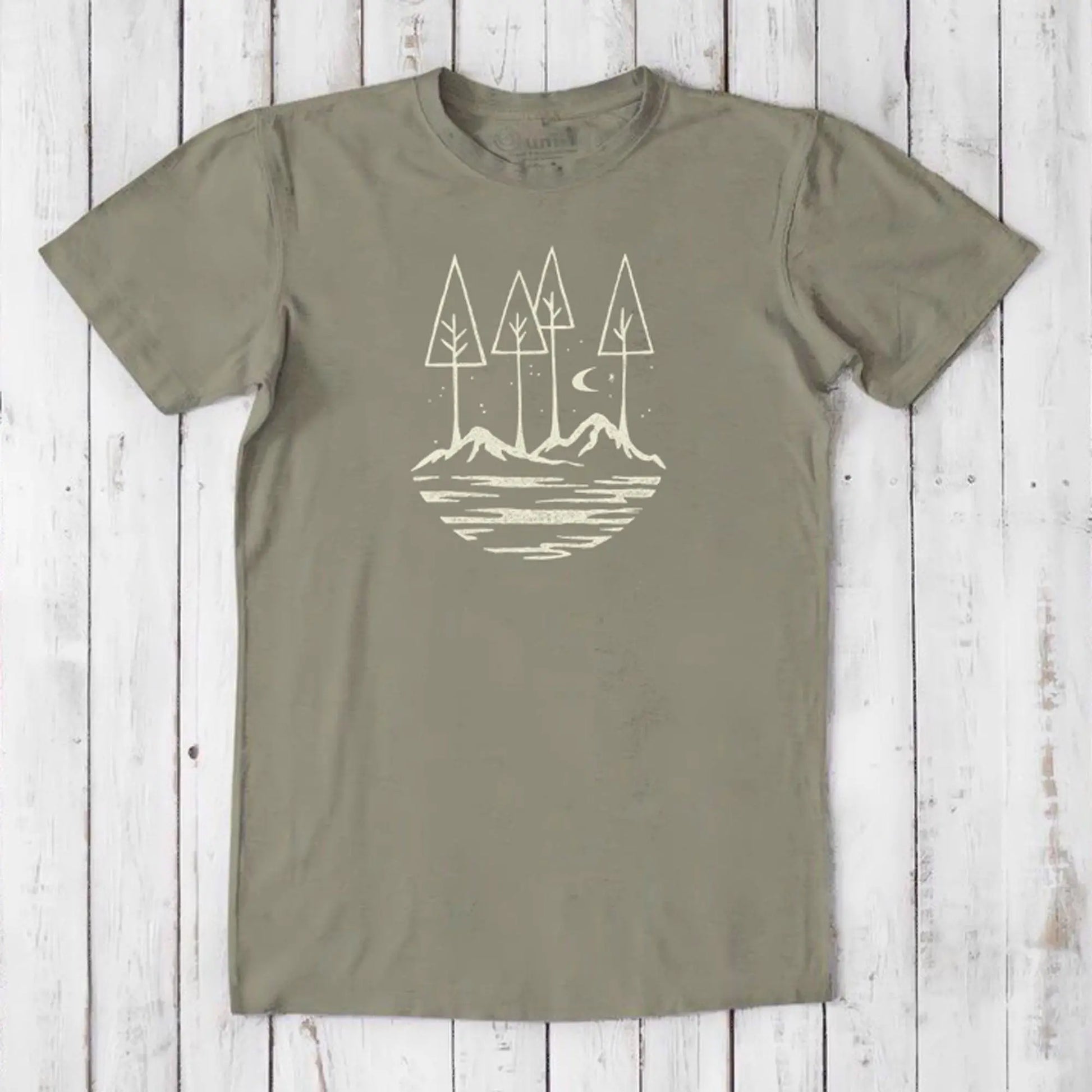Olive green Men's Nature T-Shirt in Bamboo & Organic Cotton featuring 'All the Good Things in Life' forest and mountain design.