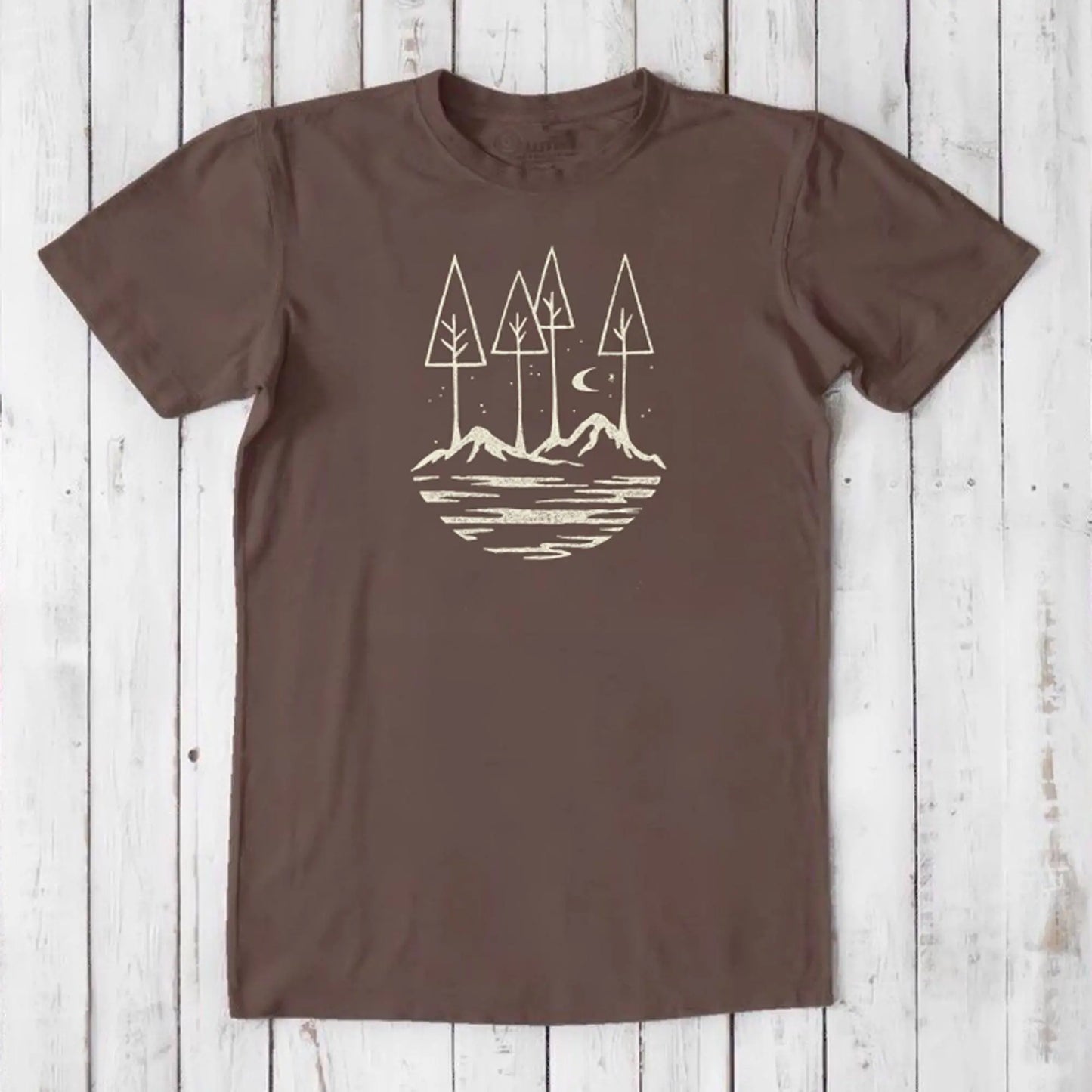 Earth brown Men's Nature T-Shirt in Bamboo & Organic Cotton with scenic forest and moon graphic, sustainable gift for outdoorsmen.