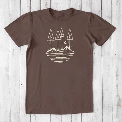 Earth brown Men's Nature T-Shirt in Bamboo & Organic Cotton with scenic forest and moon graphic, sustainable gift for outdoorsmen.