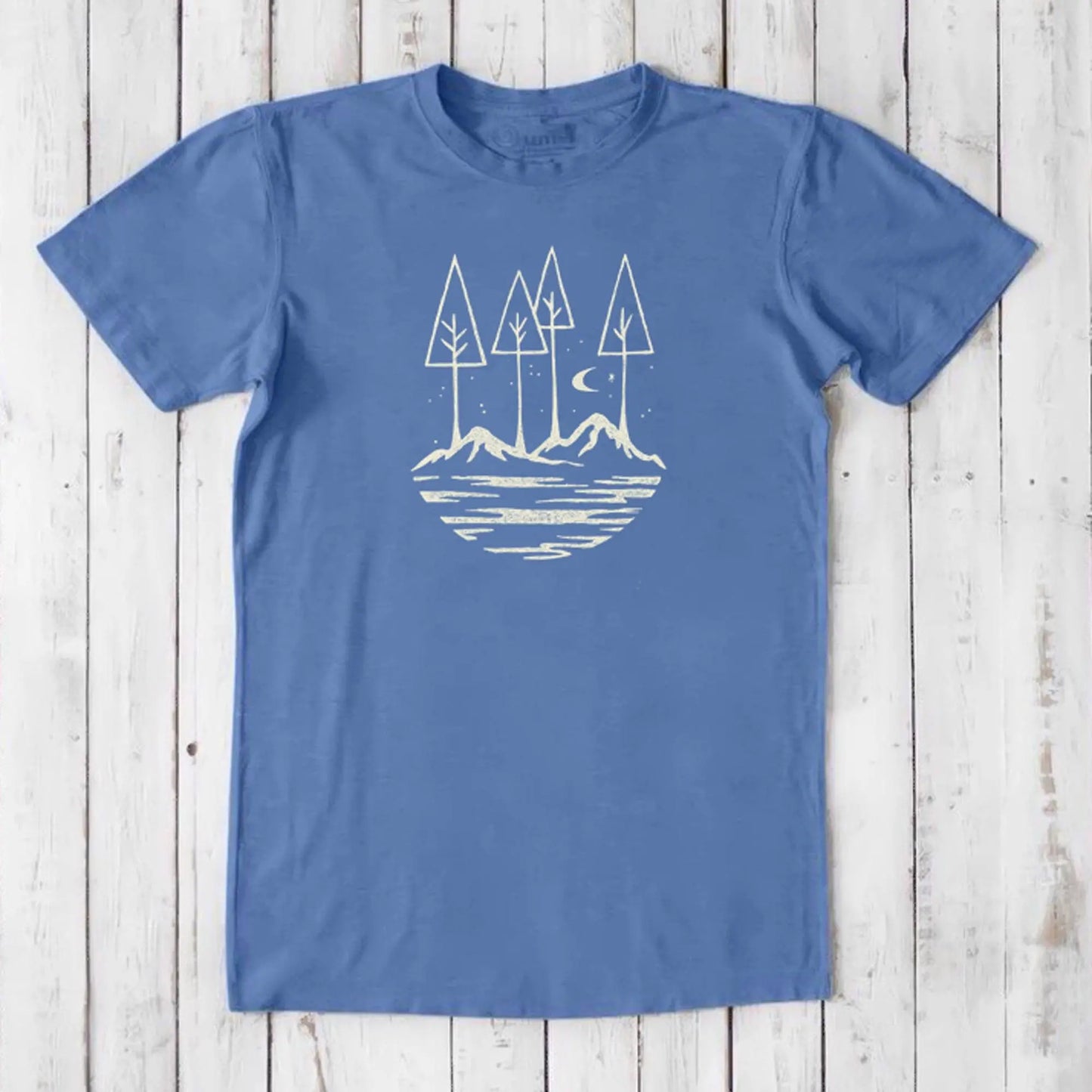 Sky blue Men's Nature T-Shirt in Bamboo & Organic Cotton featuring minimalist forest and mountain artwork, sustainable and soft.