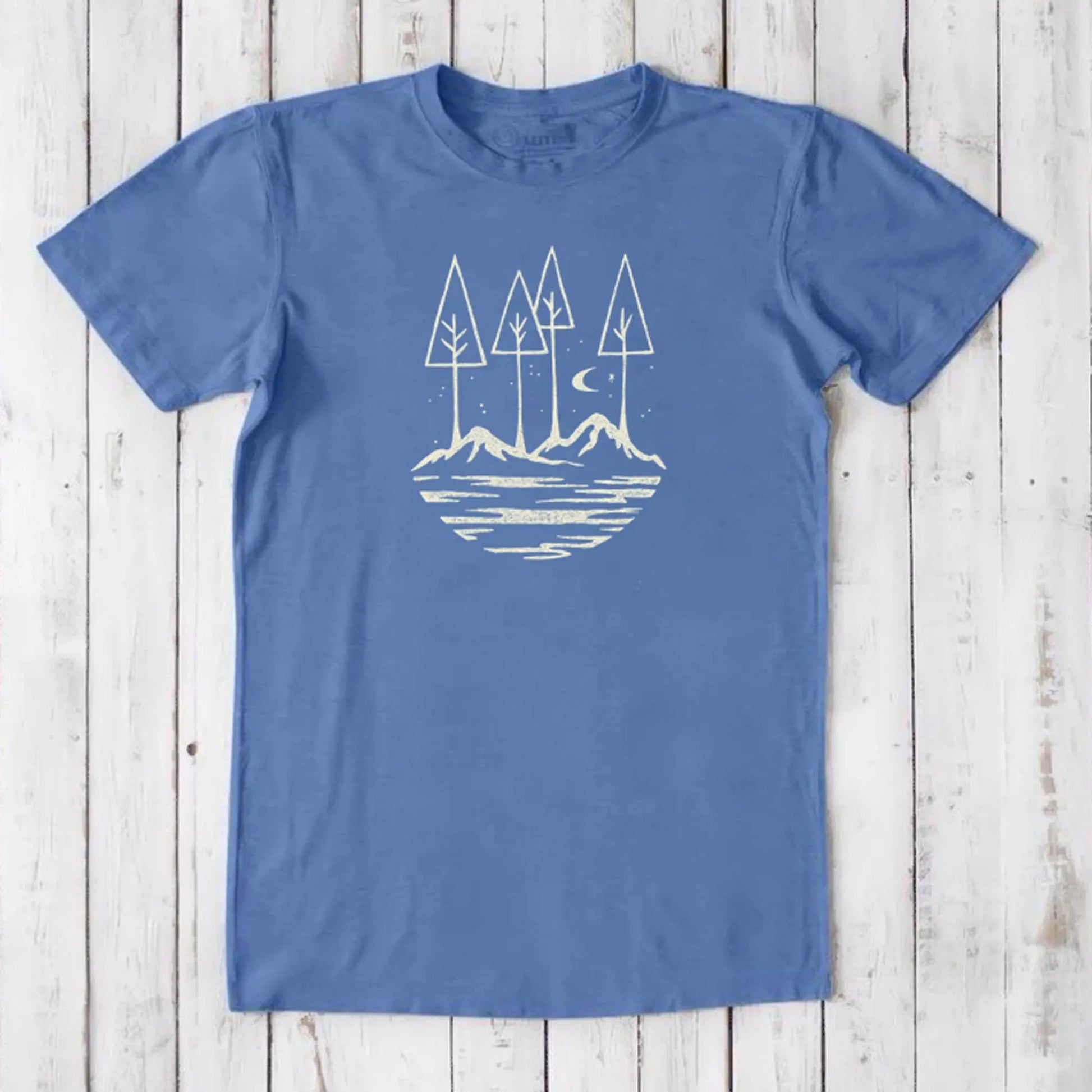 Sky blue Men's Nature T-Shirt in Bamboo & Organic Cotton featuring minimalist forest and mountain artwork, sustainable and soft.