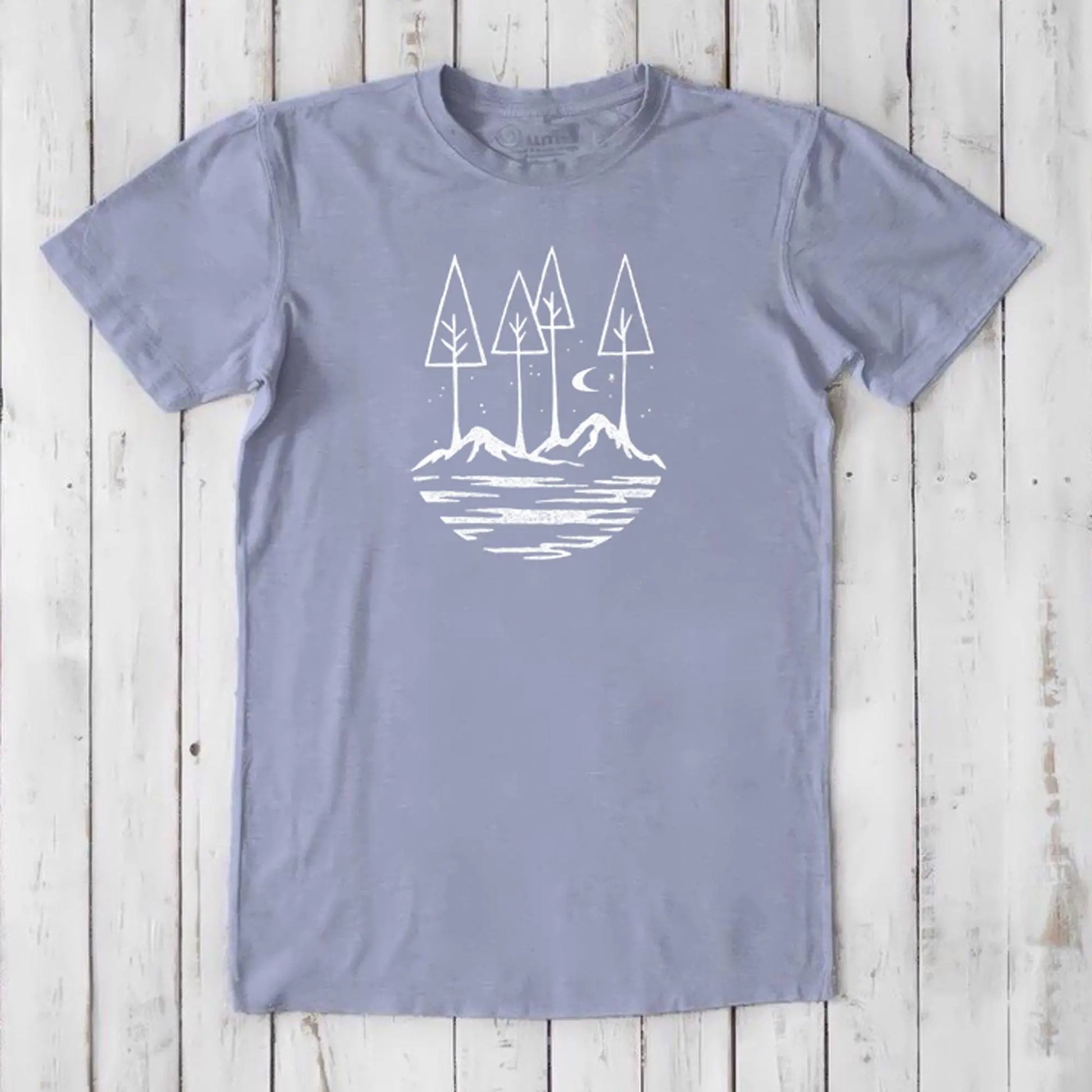 Men's Nature T-Shirt in Bamboo & Organic Cotton in lavender with minimalist mountain and tree graphic, perfect inspirational gift for him.