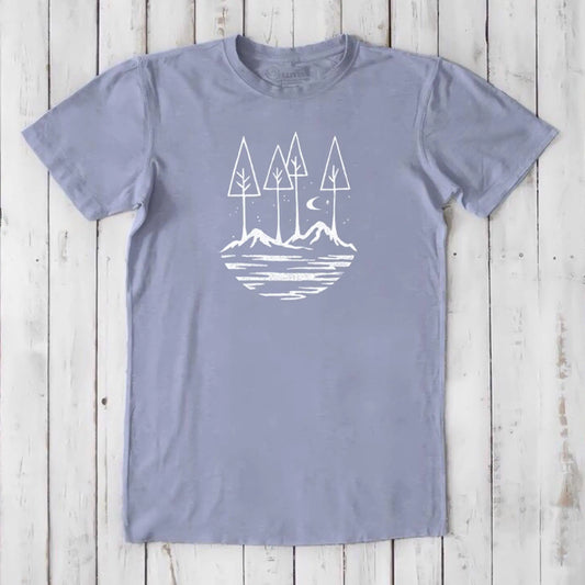 Men's Nature T-Shirt in Bamboo & Organic Cotton in lavender with minimalist mountain and tree graphic, perfect inspirational gift for him.