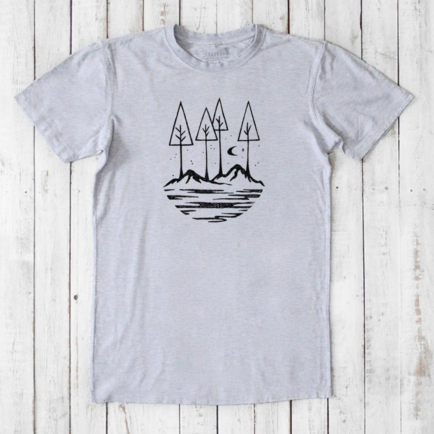 Heather gray Men's Nature T-Shirt in Bamboo & Organic Cotton with black line art of trees and mountains, soft and sustainable tee.