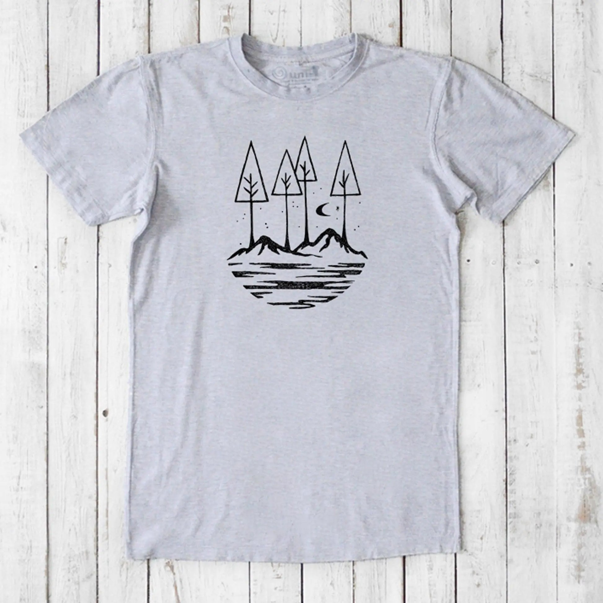 Heather gray Men's Nature T-Shirt in Bamboo & Organic Cotton with black line art of trees and mountains, soft and sustainable tee.