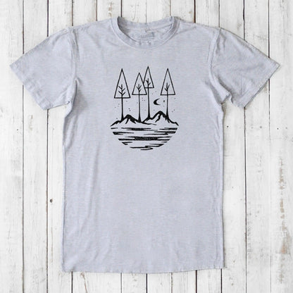 Heather gray Men's Nature T-Shirt in Bamboo & Organic Cotton with black line art of trees and mountains, soft and sustainable tee.