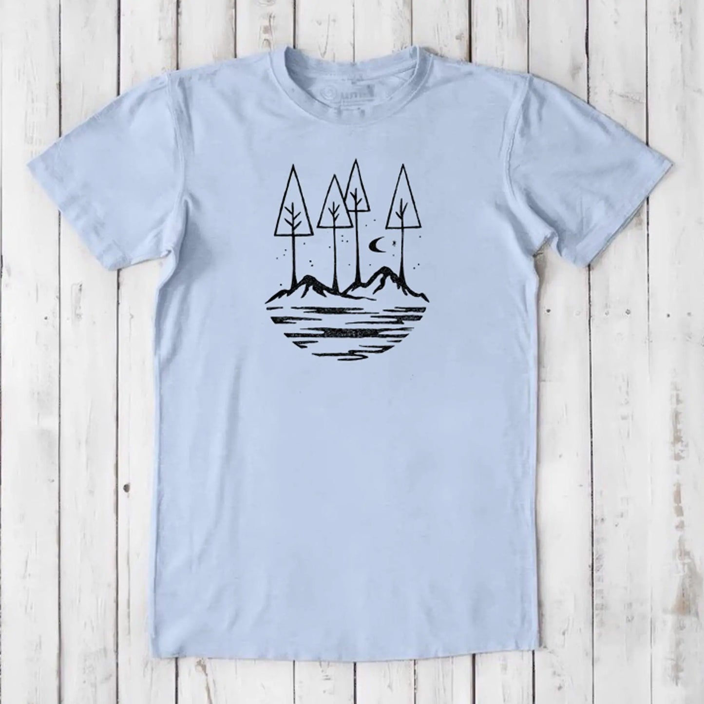 Light blue Men's Nature T-Shirt in Bamboo & Organic Cotton with black minimalist forest and mountain design, perfect for nature lovers.