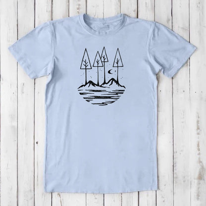 Light blue Men's Nature T-Shirt in Bamboo & Organic Cotton with black minimalist forest and mountain design, perfect for nature lovers.