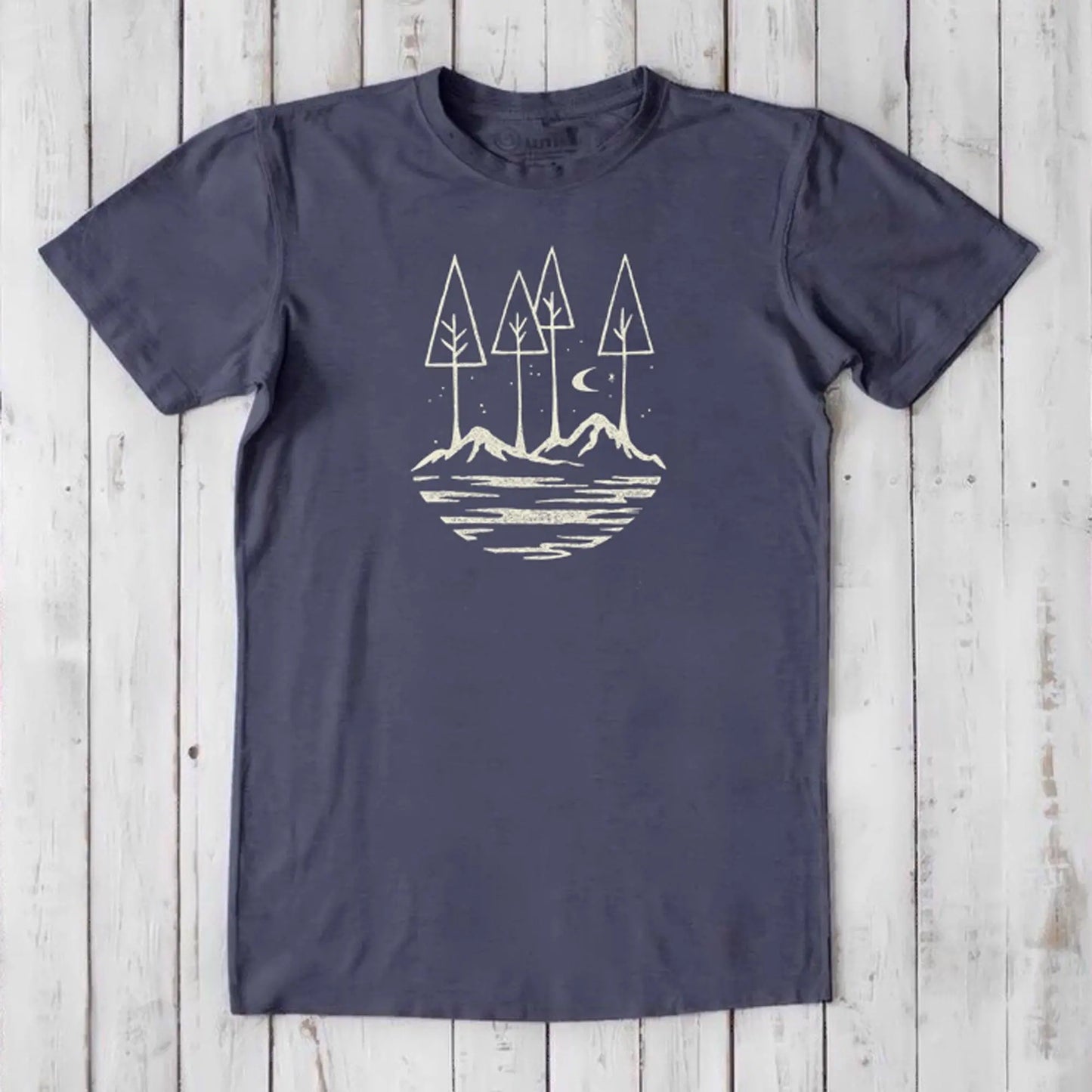 Slate blue Men's Nature T-Shirt in Bamboo & Organic Cotton with cream forest and moon graphic, inspirational and eco-friendly gift.