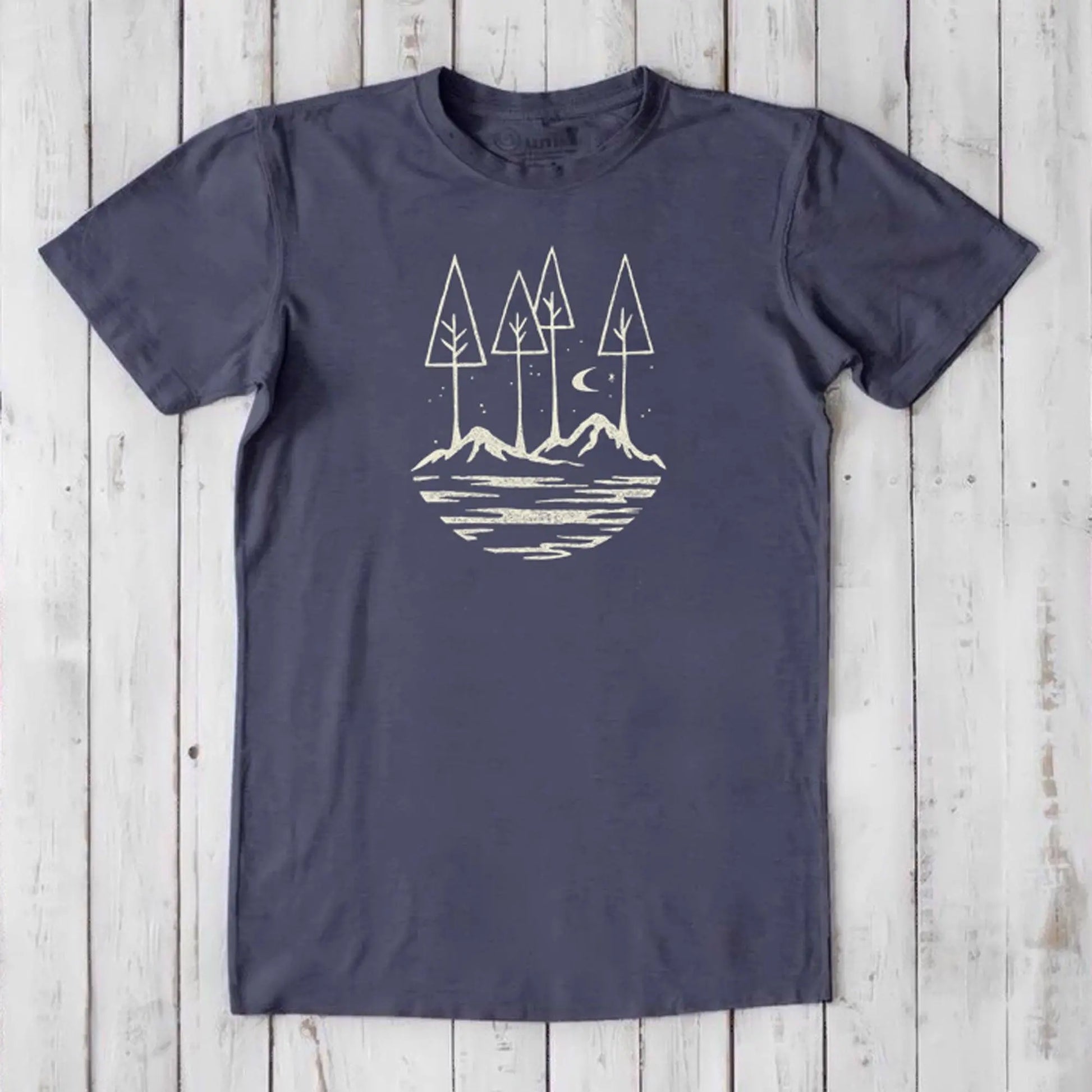 Slate blue Men's Nature T-Shirt in Bamboo & Organic Cotton with cream forest and moon graphic, inspirational and eco-friendly gift.