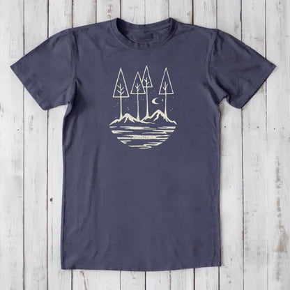 Slate blue Men's Nature T-Shirt in Bamboo & Organic Cotton with cream forest and moon graphic, inspirational and eco-friendly gift.