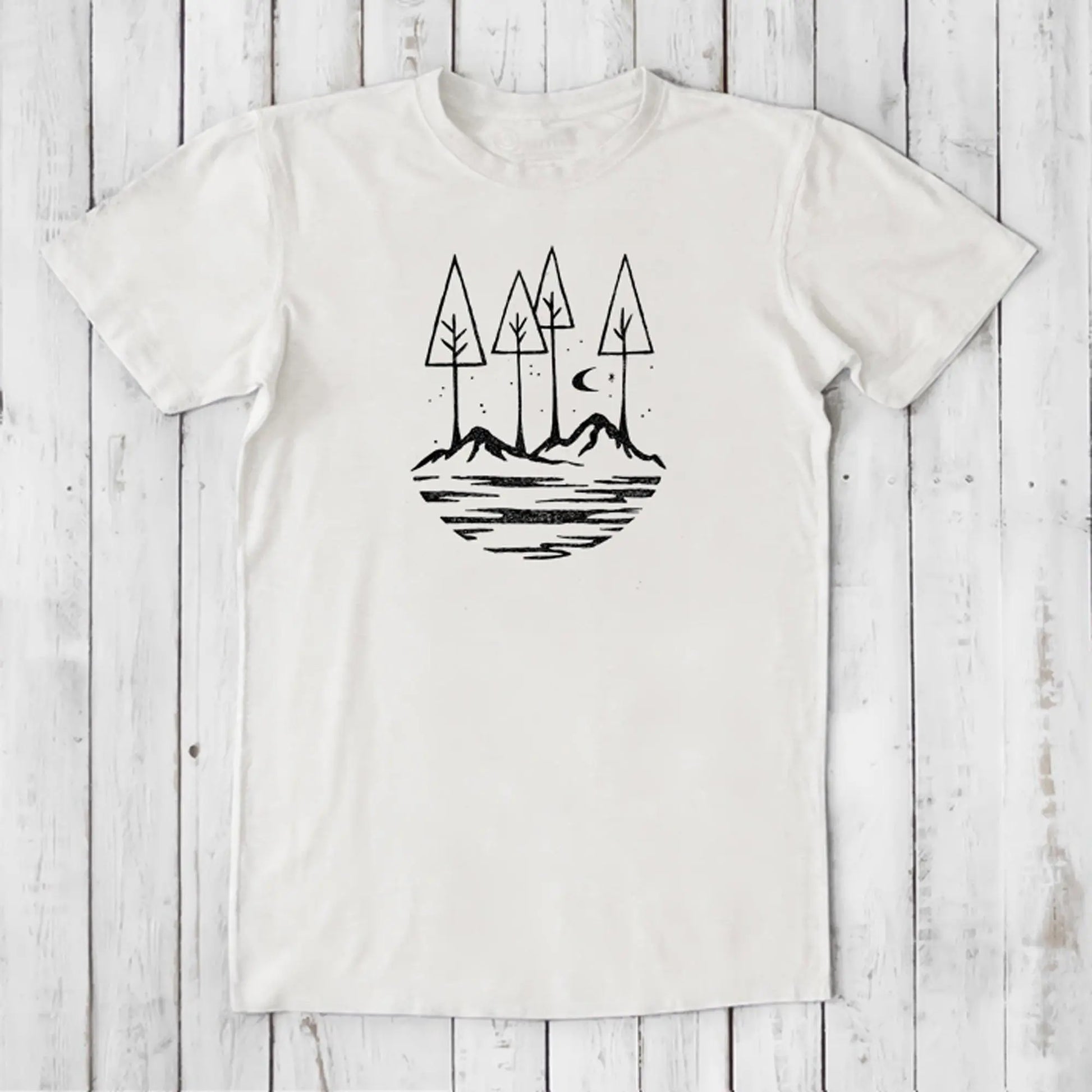 White Men's Nature T-Shirt in Bamboo & Organic Cotton with black minimalist mountain and tree design, sustainable and stylish tee.