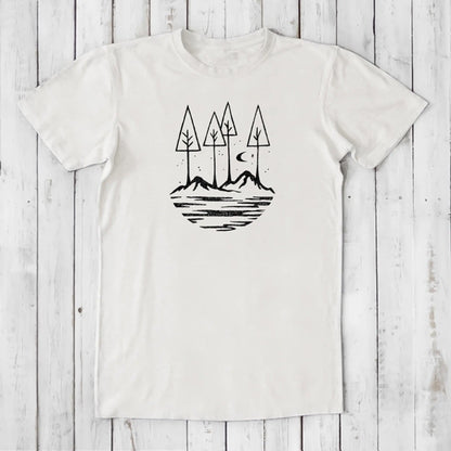 White Men's Nature T-Shirt in Bamboo & Organic Cotton with black minimalist mountain and tree design, sustainable and stylish tee.