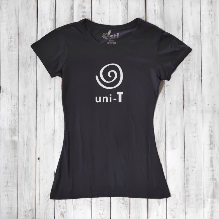 Women's Uni-T Logo T-Shirt in black bamboo and organic cotton with white spiral graphic and unity message, sustainable fashion gift for her.