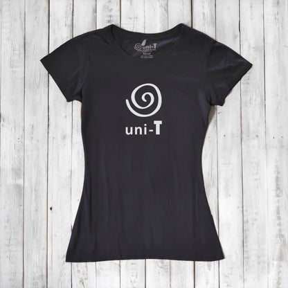 Women's Uni-T Logo T-Shirt in black bamboo and organic cotton with white spiral graphic and unity message, sustainable fashion gift for her.