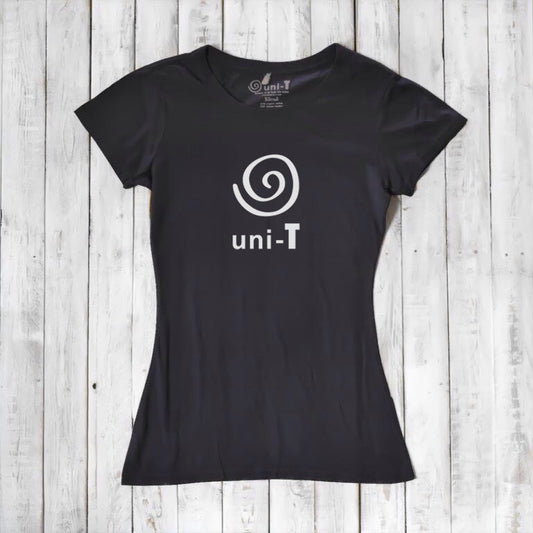 Women's Uni-T Logo T-Shirt in black bamboo and organic cotton with white spiral graphic and unity message, sustainable fashion gift for her.